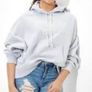 American Eagle Gray Knit Cropped Hoodie Sweater Drawstring Pocket Women’s M